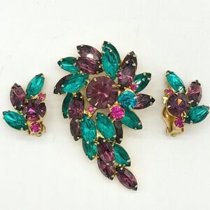 Vintage Juliana‎ Style Rhinestone Brooch Earrings Set Green Purple Gold